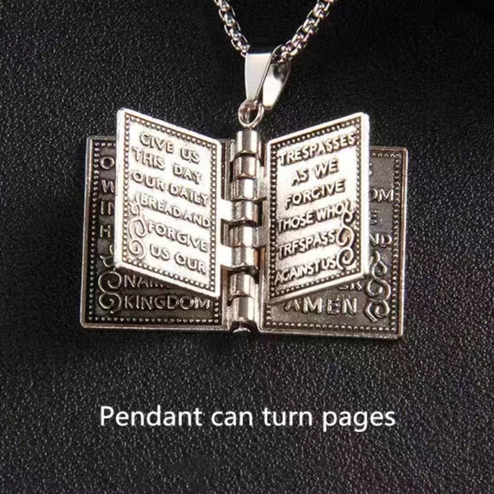 Bible Necklace 4 Pages Turnable Lords Prayer Pages 27” Box Chain Silver Tone - Picture 2 of 16